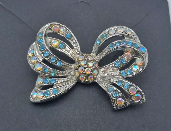 Vintage Iridescent Bow brooch -White Metal