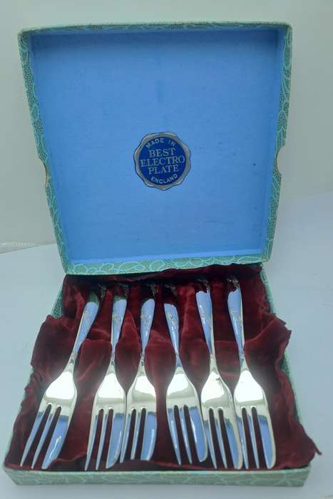 6pc Vintage Angora Best Electro Silver Plate E.P.N.S Cake Fork Set -Boxed
