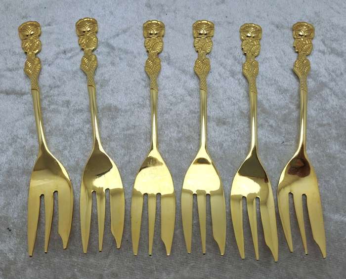 6 EETRITE 24KT Gold Plated Cake Forks. 14cm