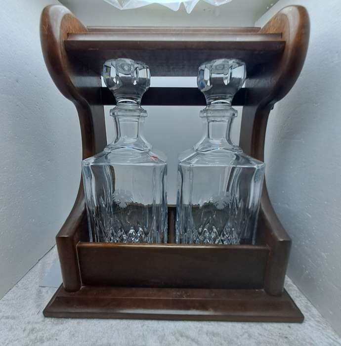 Vintage 2 decanter Tantalus with Oak Frame -with Key