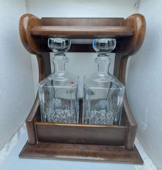 Vintage 2 decanter Tantalus with Oak Frame -with Key