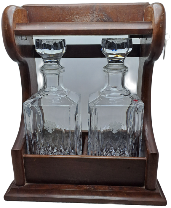 Vintage 2 decanter Tantalus with Oak Frame -with Key