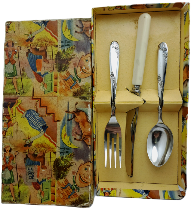 3pc Vintage Angora Silver Plate EPNS Childrens Cutlery set-Sheffield England.Boxed