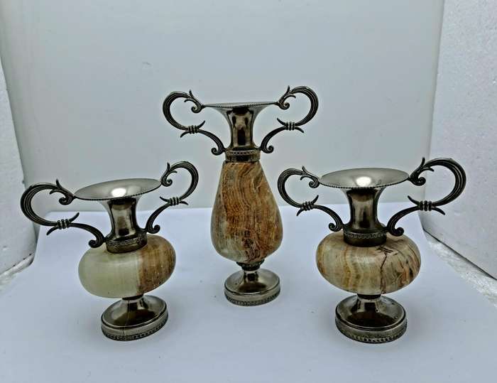 3 Antique Marble and Silver plated Bud Vases