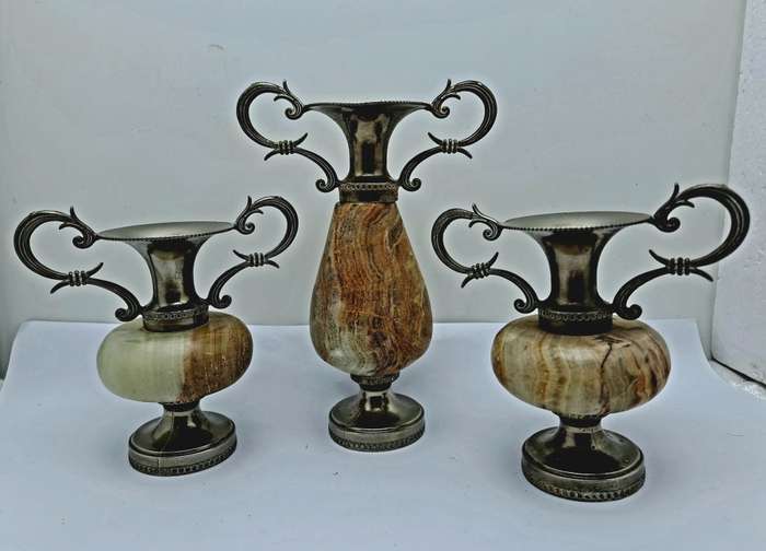 3 Antique Marble and Silver plated Bud Vases