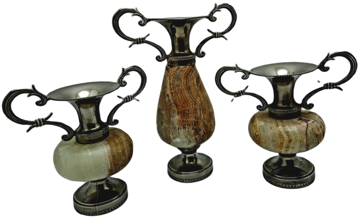 3 Antique Marble and Silver plated Bud Vases