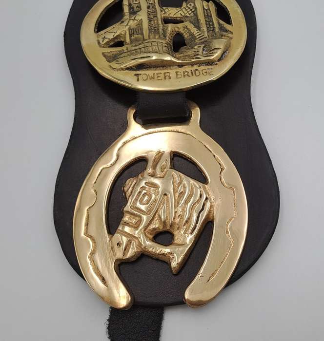 4 Horse Brasses on leather Strap - Tower Bridge ,Bath Abbey,