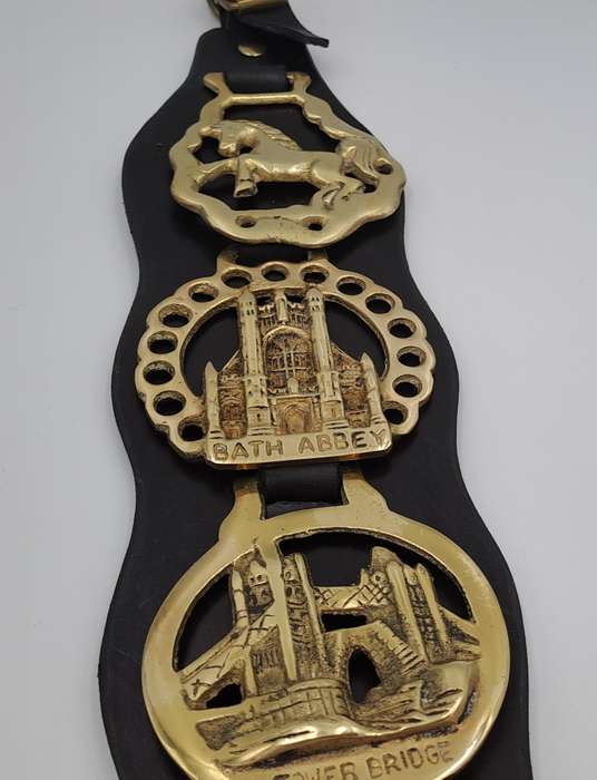 4 Horse Brasses on leather Strap - Tower Bridge ,Bath Abbey,