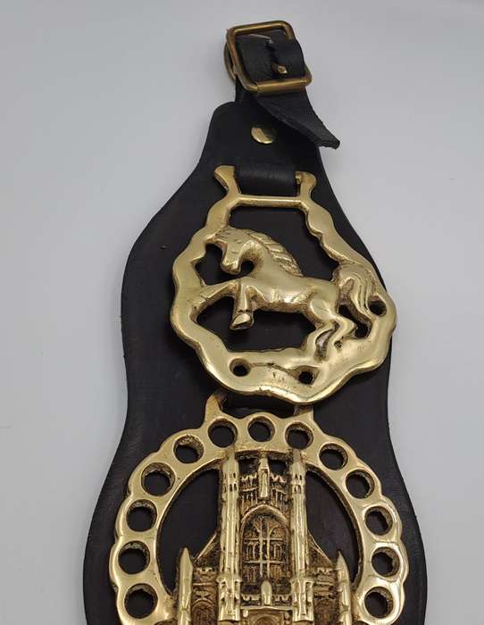 4 Horse Brasses on leather Strap - Tower Bridge ,Bath Abbey,