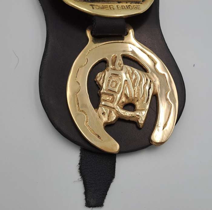 4 Horse Brasses on leather Strap - Tower Bridge ,Bath Abbey,