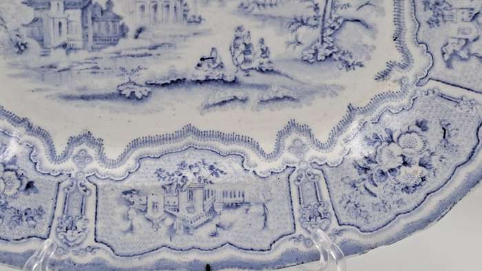 Circa 1850 Antique Pale Blue&white plate Syria Pattern in Wire Wall Hanger - Cracked -Maker: Cochran