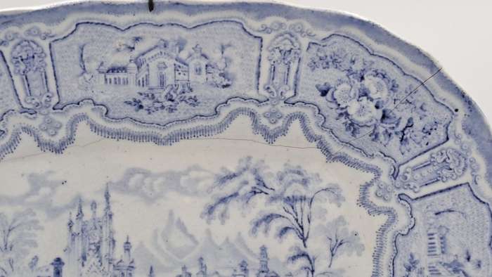 Circa 1850 Antique Pale Blue&white plate Syria Pattern in Wire Wall Hanger - Cracked -Maker: Cochran