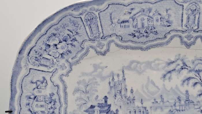 Circa 1850 Antique Pale Blue&white plate Syria Pattern in Wire Wall Hanger - Cracked -Maker: Cochran