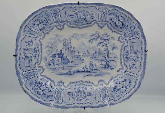 Circa 1850 Antique Pale Blue&white plate Syria Pattern in Wire Wall Hanger - Cracked -Maker: Cochran