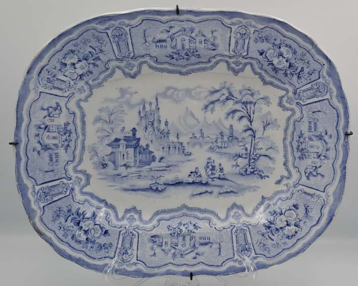 Circa 1850 Antique Pale Blue&white plate Syria Pattern in Wire Wall Hanger - Cracked -Maker: Cochran