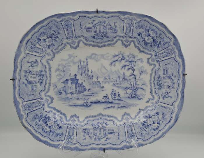 Circa 1850 Antique Pale Blue&white plate Syria Pattern in Wire Wall Hanger - Cracked -Maker: Cochran