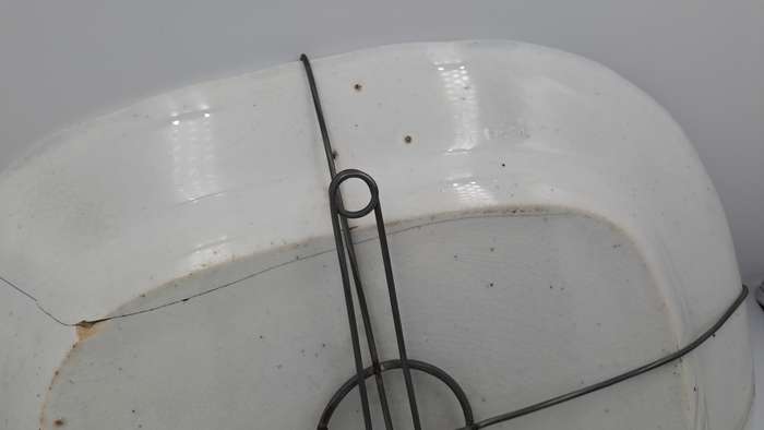 Circa 1850 Antique Pale Blue&white plate Syria Pattern in Wire Wall Hanger - Cracked -Maker: Cochran
