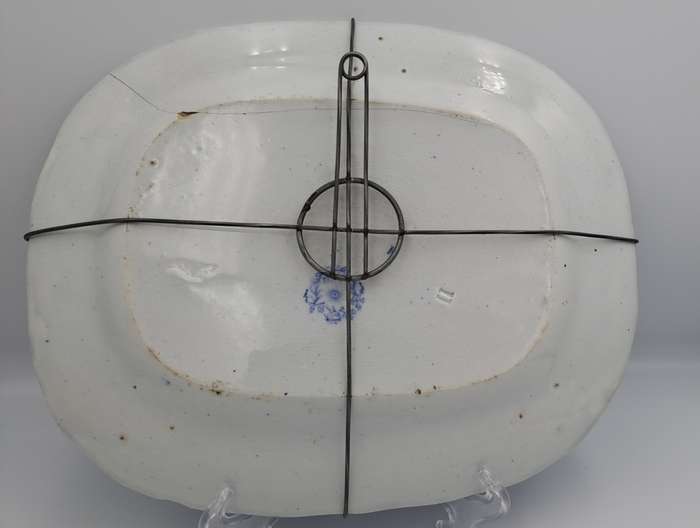 Circa 1850 Antique Pale Blue&white plate Syria Pattern in Wire Wall Hanger - Cracked -Maker: Cochran