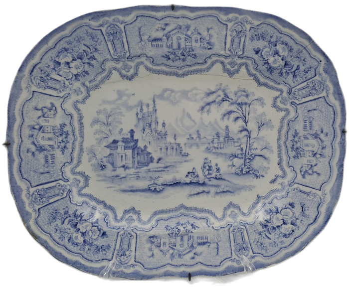 Circa 1850 Antique Pale Blue&white plate Syria Pattern in Wire Wall Hanger - Cracked -Maker: Cochran
