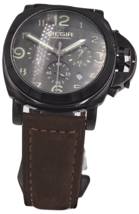 Megir Mens Quartz watch with Leather strap -Large Face-Working
