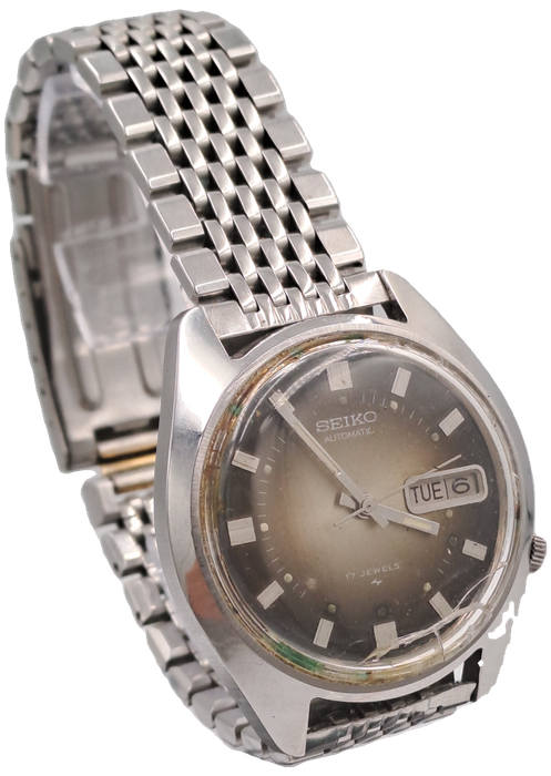 1980`s Seiko Automatic Mens Day/Date watch -WORKING - 17 Jewels - Need new Crystal.