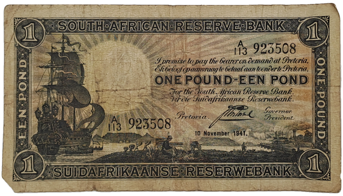 J. Postmus 1941 A113 Prefix - South Africa One Pound -Een Pond Bank note Circulated