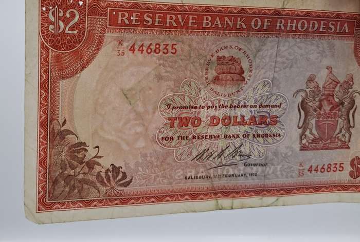 Rare 1970 Rhodesia 2 Dollar (Two Dollar) Banknote-Rhodes Watermark