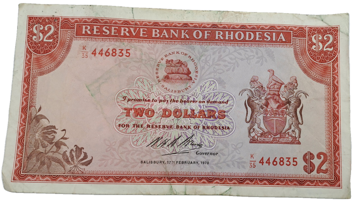 Rare 1970 Rhodesia 2 Dollar (Two Dollar) Banknote-Rhodes Watermark