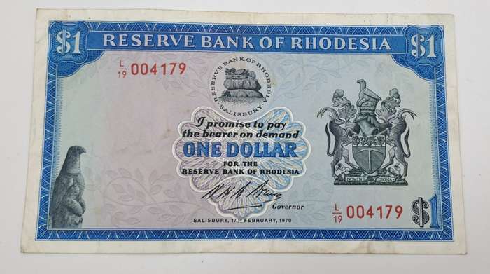 Rare !! 1970 Rhodesia 1 Dollar (One Dollar) Banknote