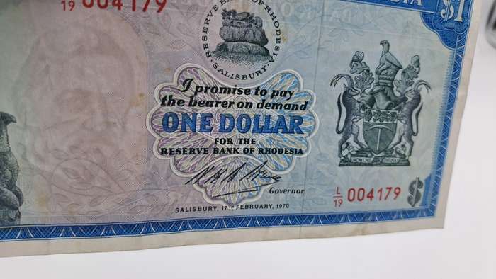 Rare !! 1970 Rhodesia 1 Dollar (One Dollar) Banknote