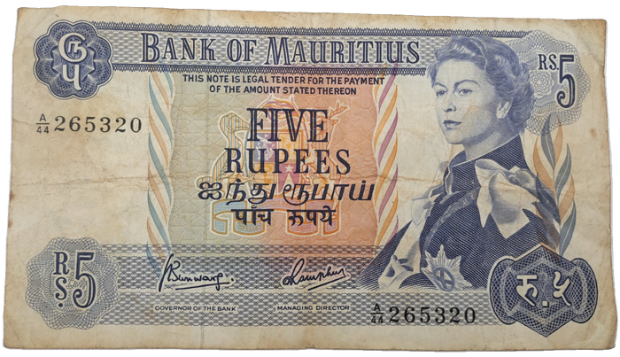1967  Mauritius 5 Rupees  Bank Note -Circulated