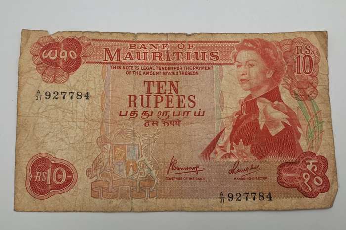 1967  Mauritius 10 Rupees  Bank Note -Circulated