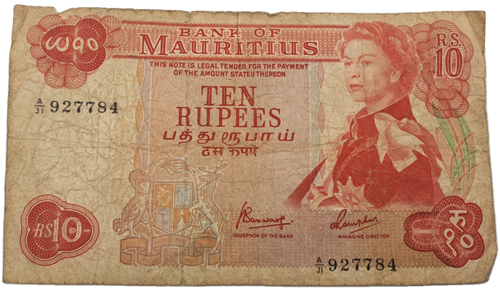 1967  Mauritius 10 Rupees  Bank Note -Circulated