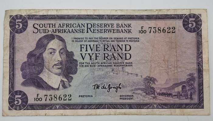 1966-1967 TW de Jongh South Africa 5 Rand- R5 - English-Afrikaans  Prefix F100 -Bank Note