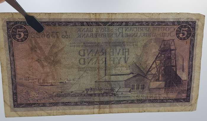 1966-1967 TW de Jongh South Africa 5 Rand- R5 - English-Afrikaans  Prefix F100 -Bank Note