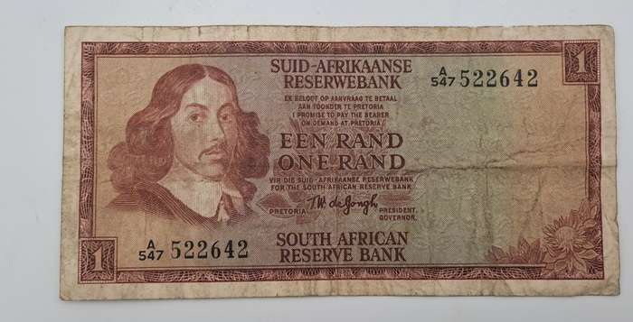 1966 TW de Jongh South Africa 1 Rand- R1 -Afrikaans - English Prefix A547 -Bank Note