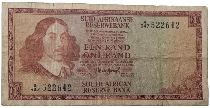 1966 TW de Jongh South Africa 1 Rand- R1 -Afrikaans - English Prefix A547 -Bank Note