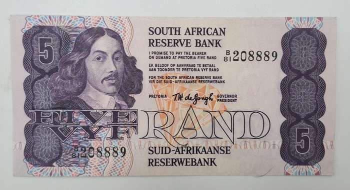 1978 TW de Jongh South Africa 5 Rand- R5-Prefix B81 -Bank Note