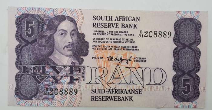 1978 TW de Jongh South Africa 5 Rand- R5-Prefix B81 -Bank Note