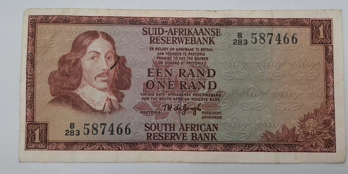 1966 TW de Jongh South Africa 1 Rand- R1 -Afrikaans - English Prefix B283 -Bank Note
