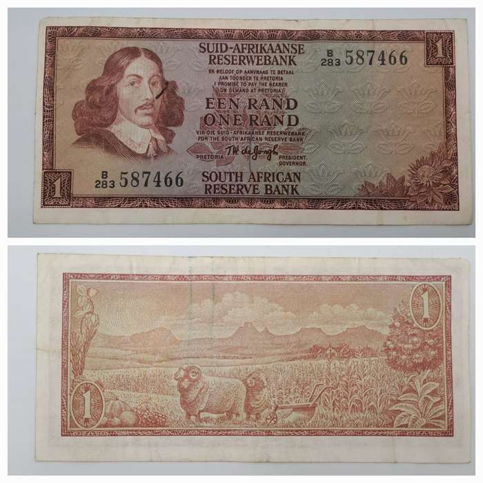 1966 TW de Jongh South Africa 1 Rand- R1 -Afrikaans - English Prefix B283 -Bank Note