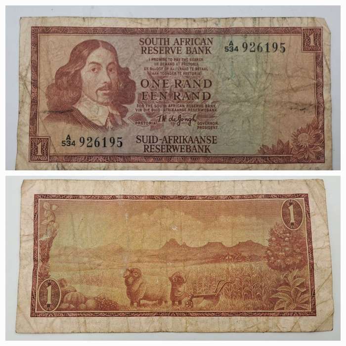 1966 TW de Jongh South Africa 1 Rand- R1 -English -Afrikaans - Prefix A534 -Bank Note
