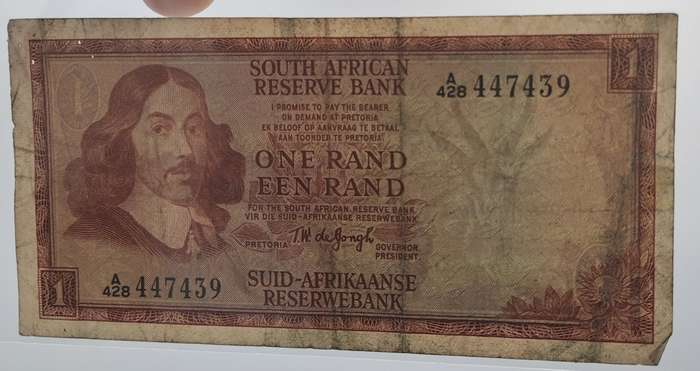 1966 TW de Jongh South Africa 1 Rand- R1 -English -Afrikaans - Prefix A428 -Bank Note