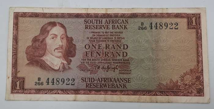 1966 TW de Jongh South Africa 1 Rand- R1 -English -Afrikaans - Prefix B266 -Bank Note