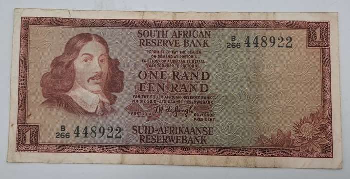 1966 TW de Jongh South Africa 1 Rand- R1 -English -Afrikaans - Prefix B266 -Bank Note
