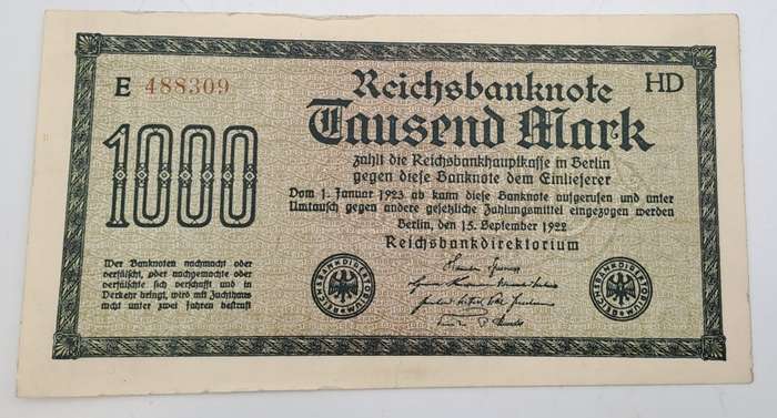 1922 Germany  1000 Mark Reichsbank note