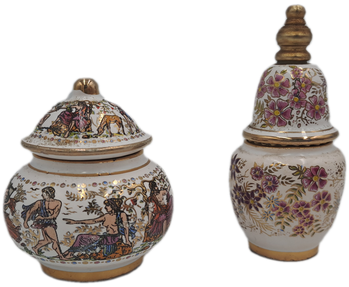 Vintage Greek perfume bottle and perfume ointment pot hand Painted.
