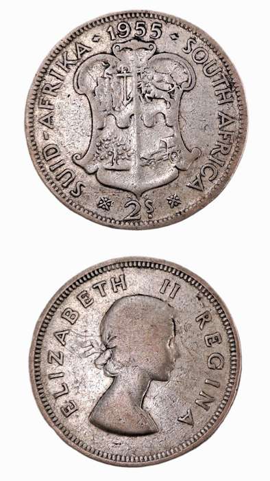 1955 South Africa Silver (.500) 2 Shillings - Elizabeth II 1st portrait