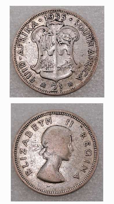 1955 South Africa Silver (.500) 2 Shillings - Elizabeth II 1st portrait