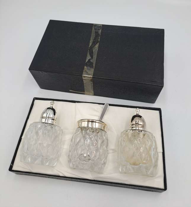 Vintage four Piece Glass and Silver Plate Condiment set- Salt -Pepper -Mustard set-Boxed